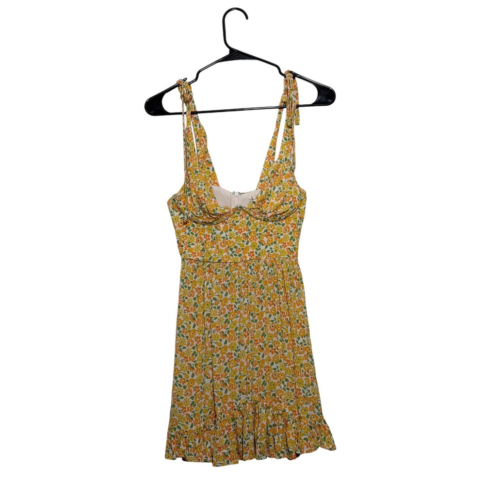 Sky to Moon Cottagecore Yellow Floral Bustier Tie Shoulder Mini Dress SZ Medium